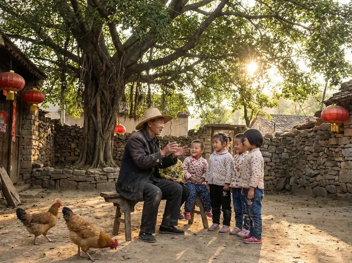 老人在大榕树下给孩子们讲故事 - 打扑克又疼又叫原声 乡村记忆